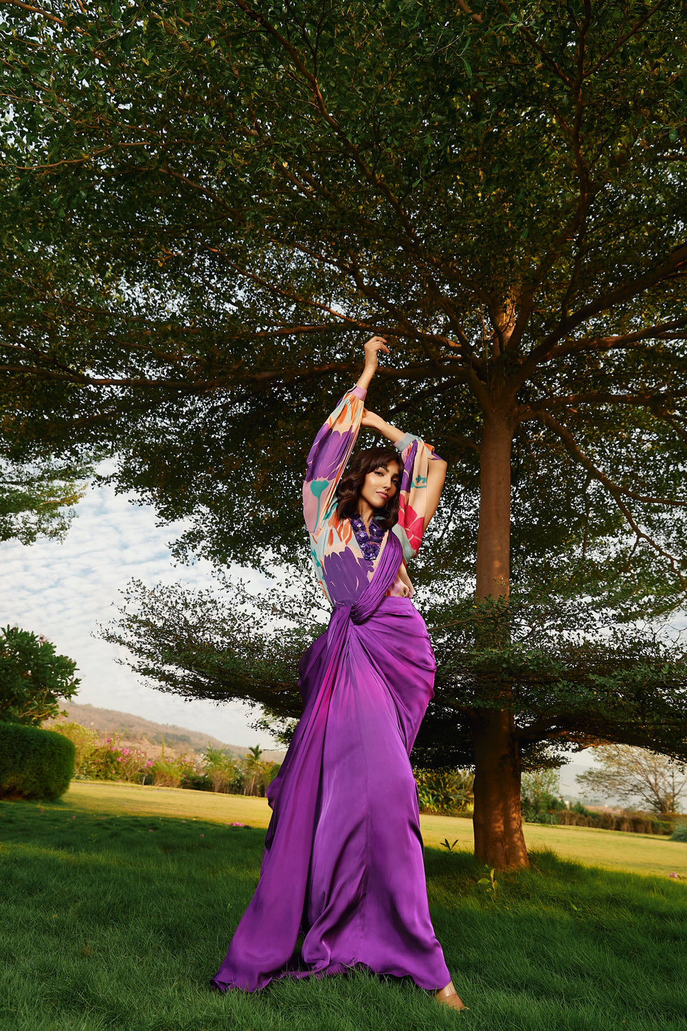 Iris colored draped saree.