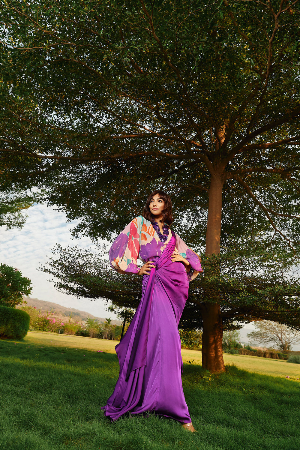 Iris colored draped saree.