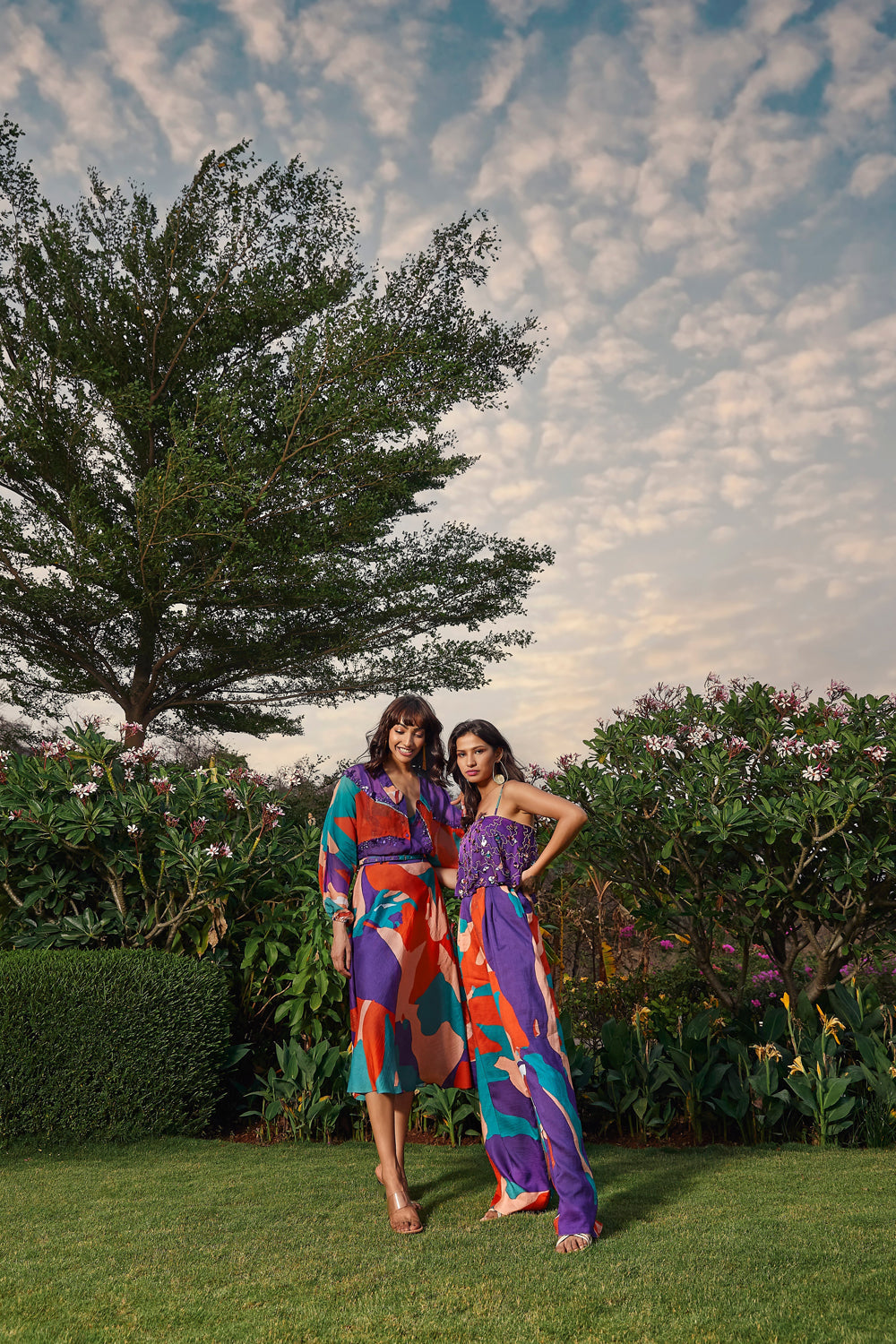 Printed Flared skirt paired with organza shirt.