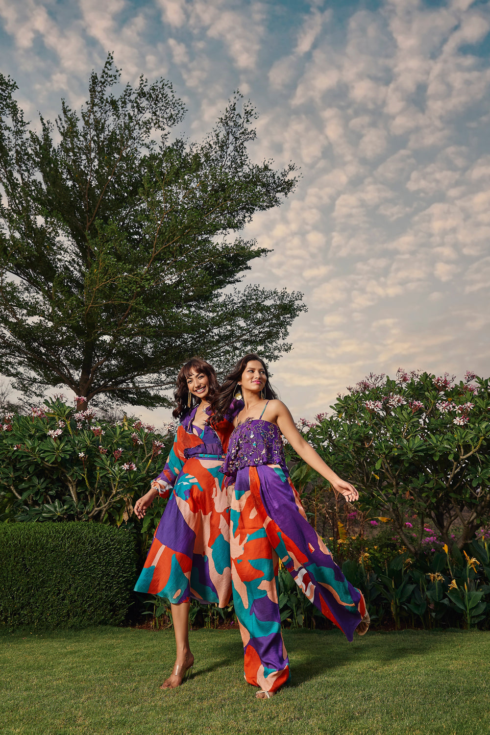 Printed Flared skirt paired with organza shirt.