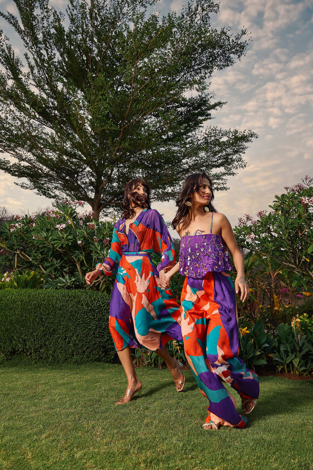 Printed Flared skirt paired with organza shirt.