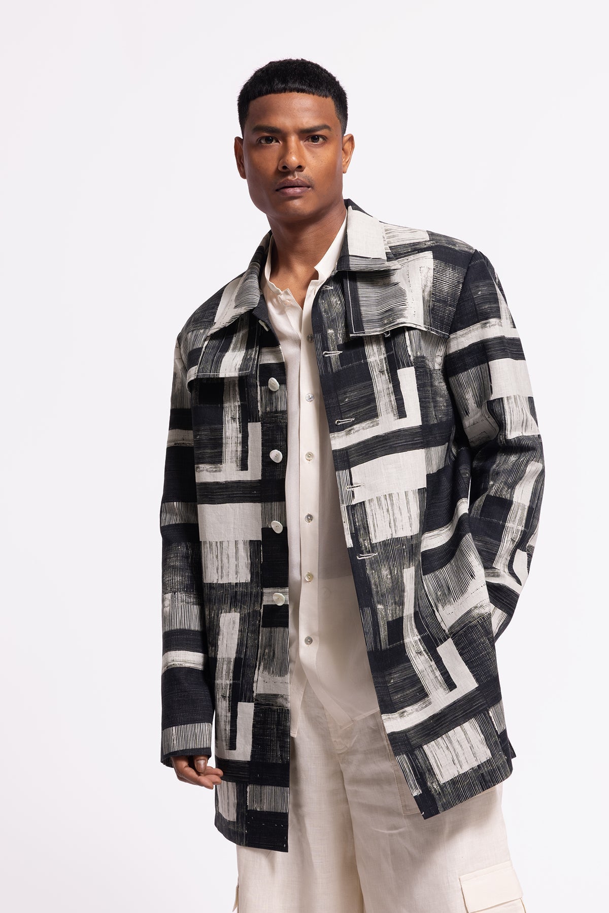 Men's Ivory Printed Linen Jacket