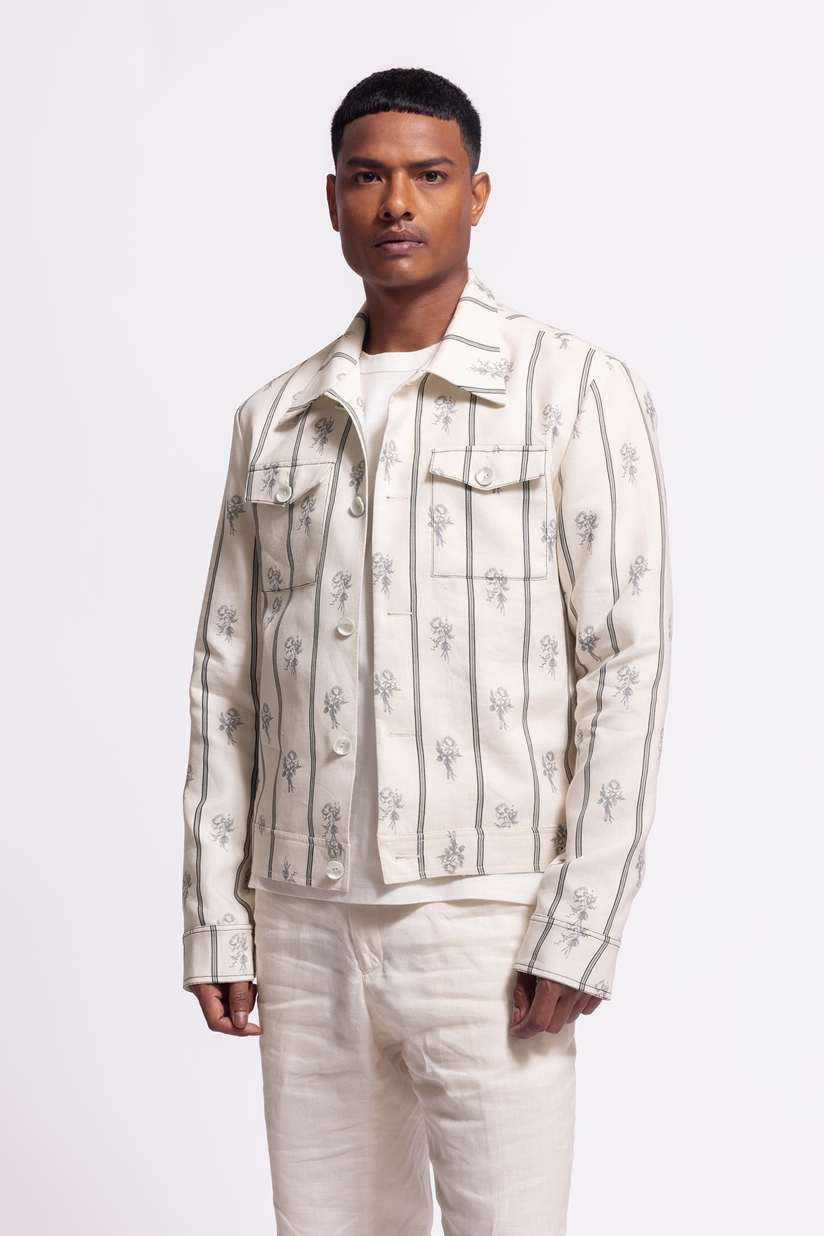 Men's Ivory Linen Jacket with Stripes and Floral Print