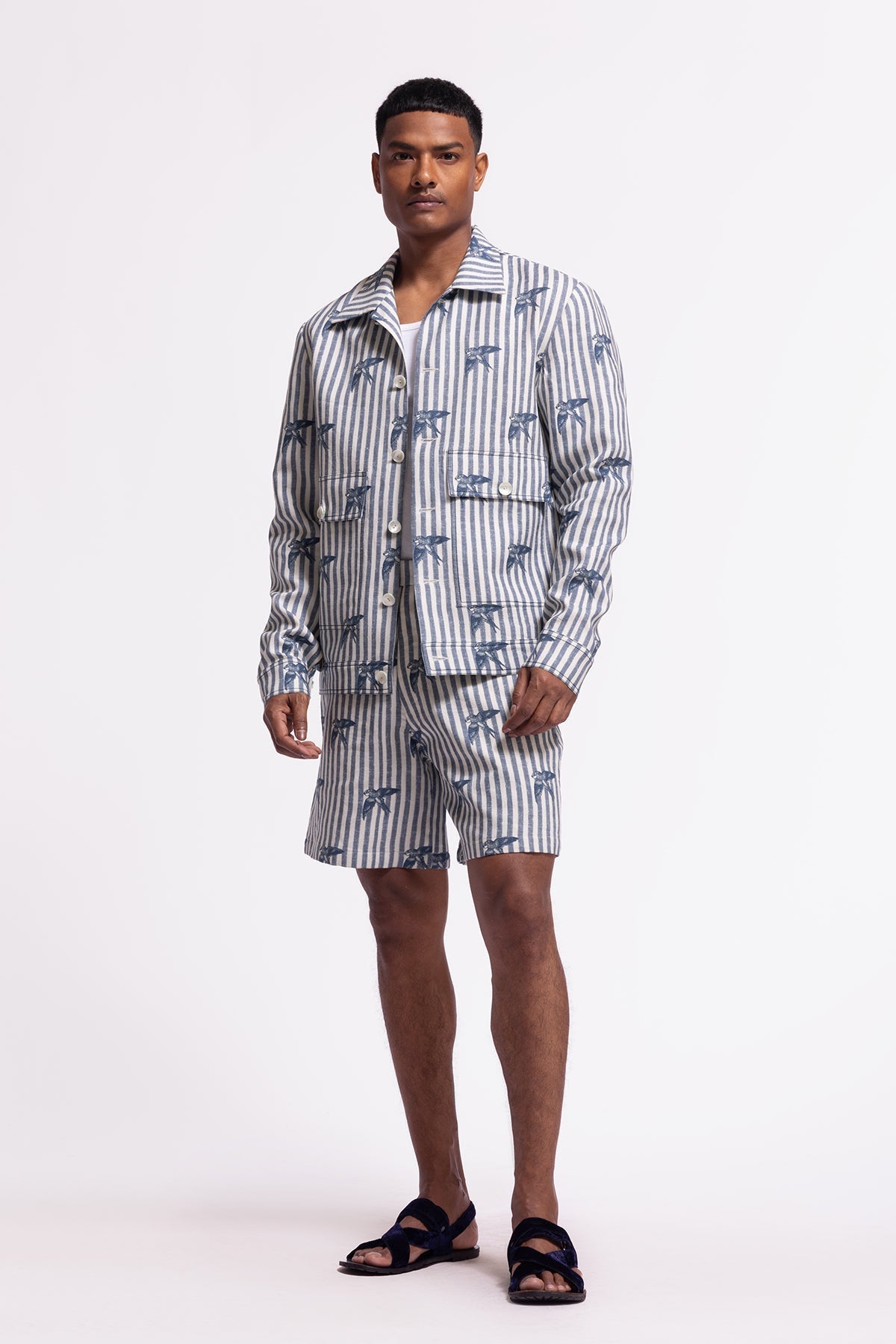 Men's Ivory Stripped & Bird Printed Jacket