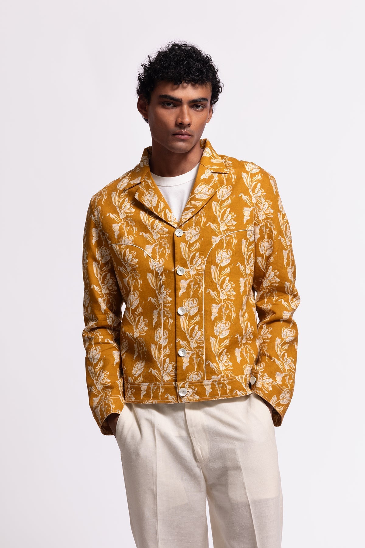 Men’s Mustard Floral Printed Linen Jacket
