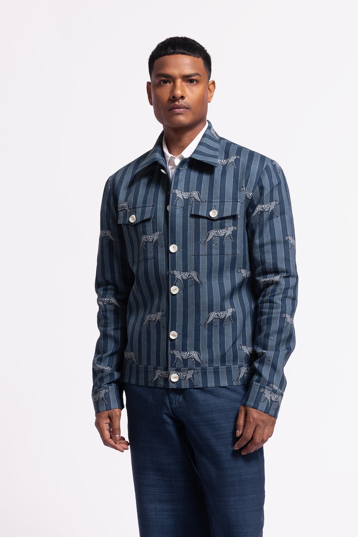 Men's Striped and Printed Blue Linen Jacket