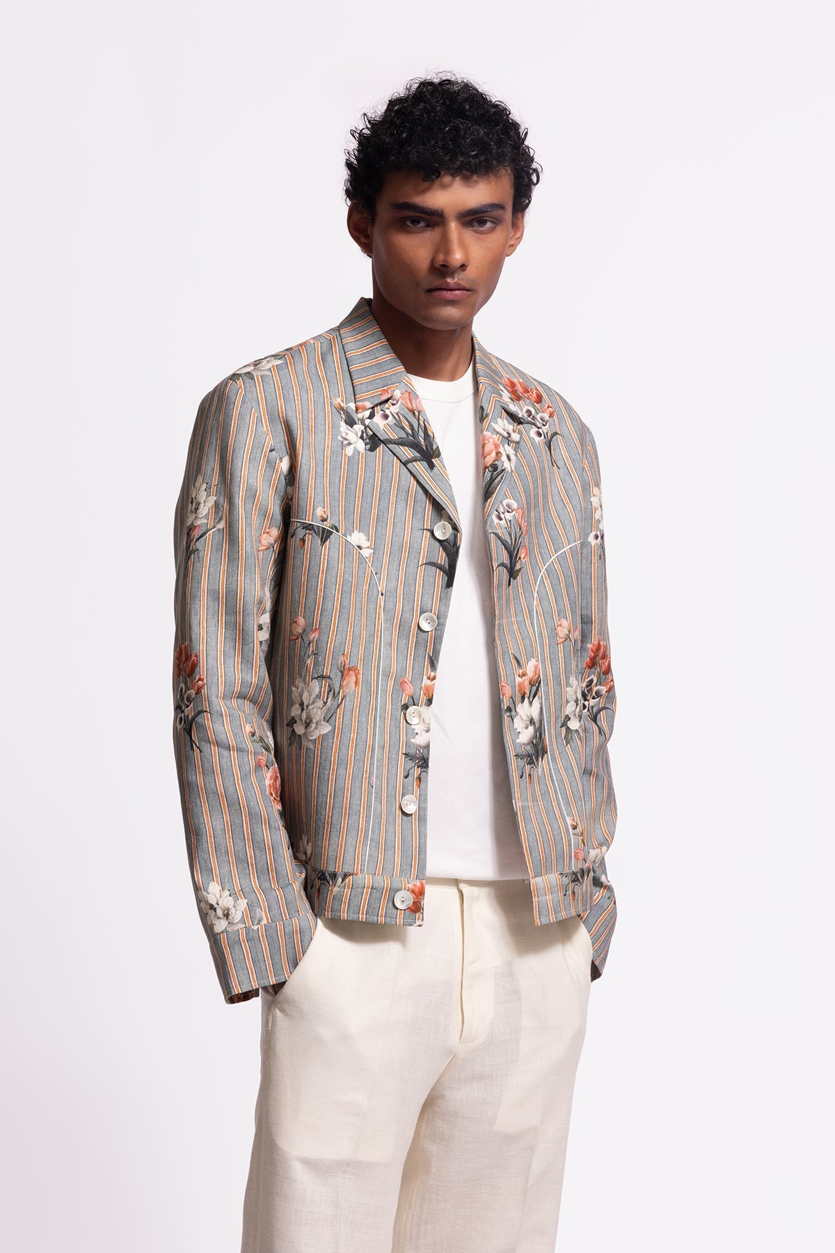 Men’s Grey Striped and Floral Printed Jacket