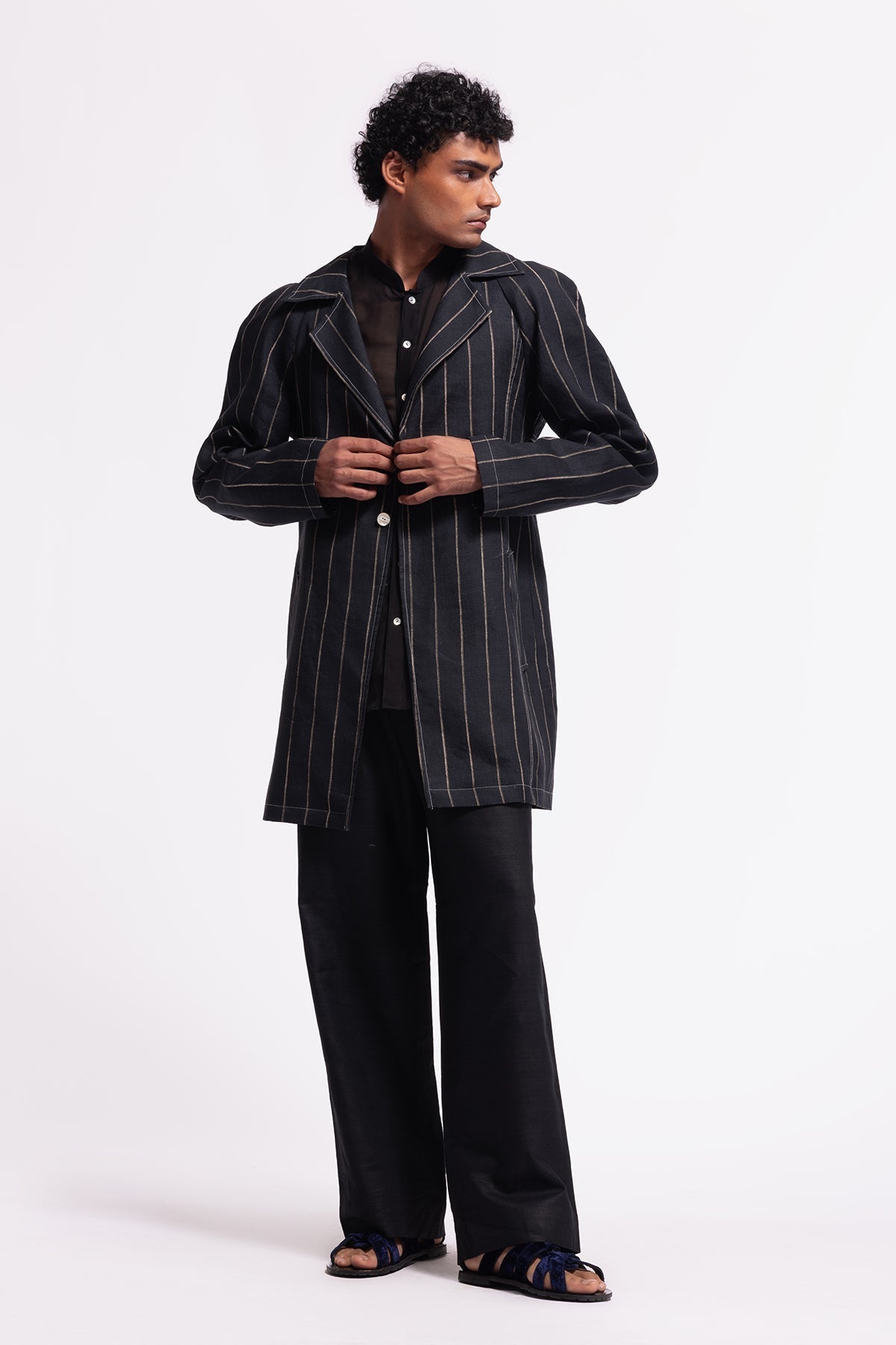 Men's Indigo Printed Linen Long Jacket