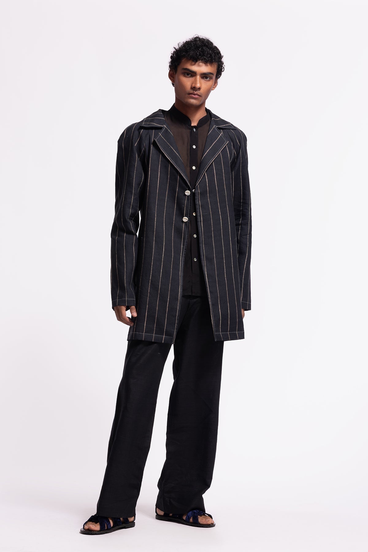 Men's Indigo Printed Linen Long Jacket