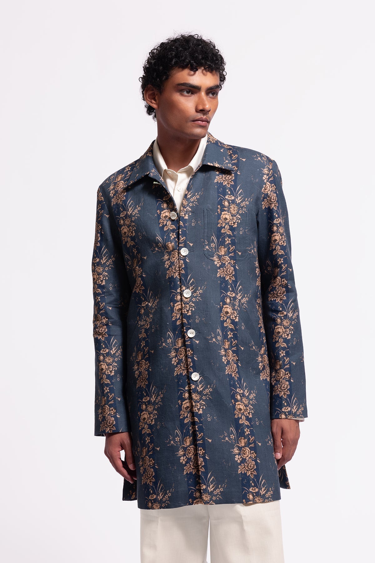 Men's Blue Floral Printed Long Jacket with Pocket