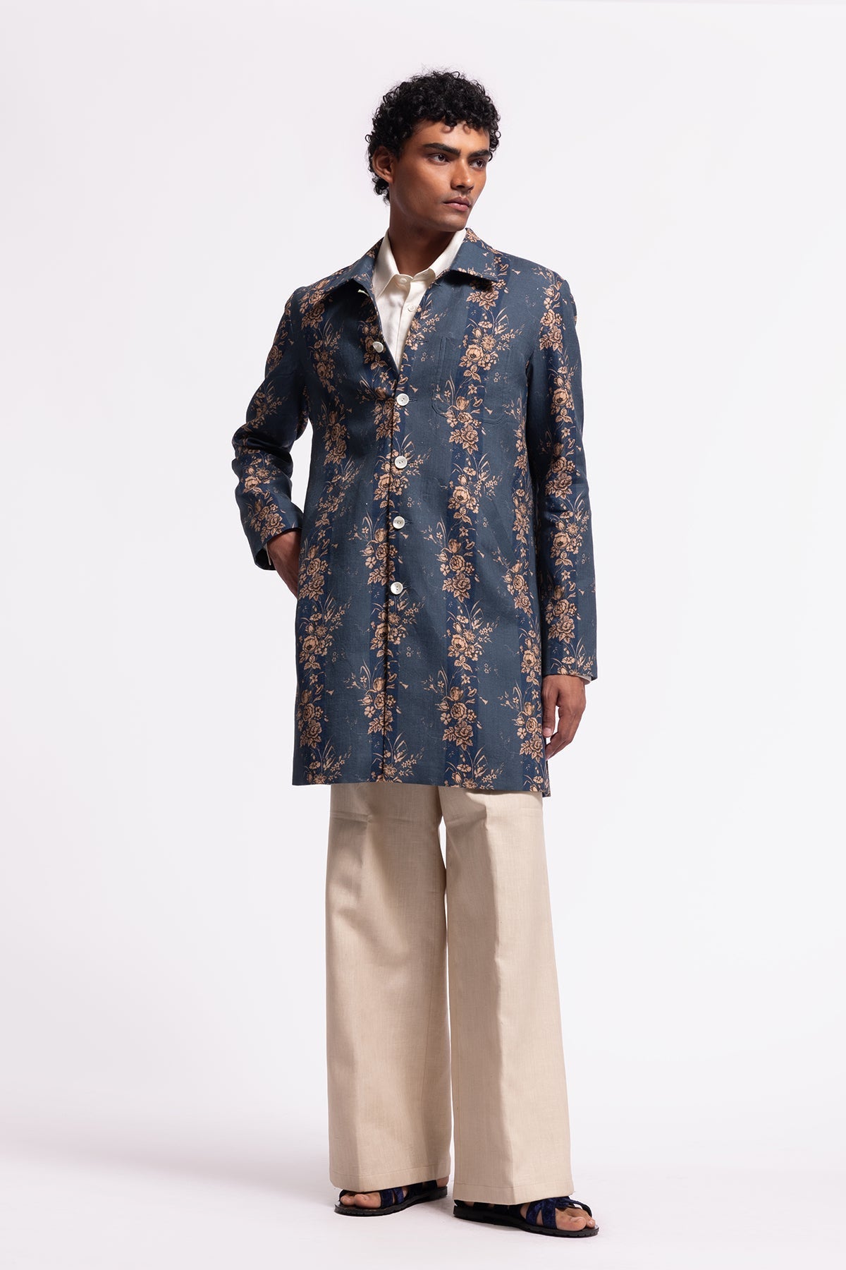 Men's Blue Floral Printed Long Jacket with Pocket