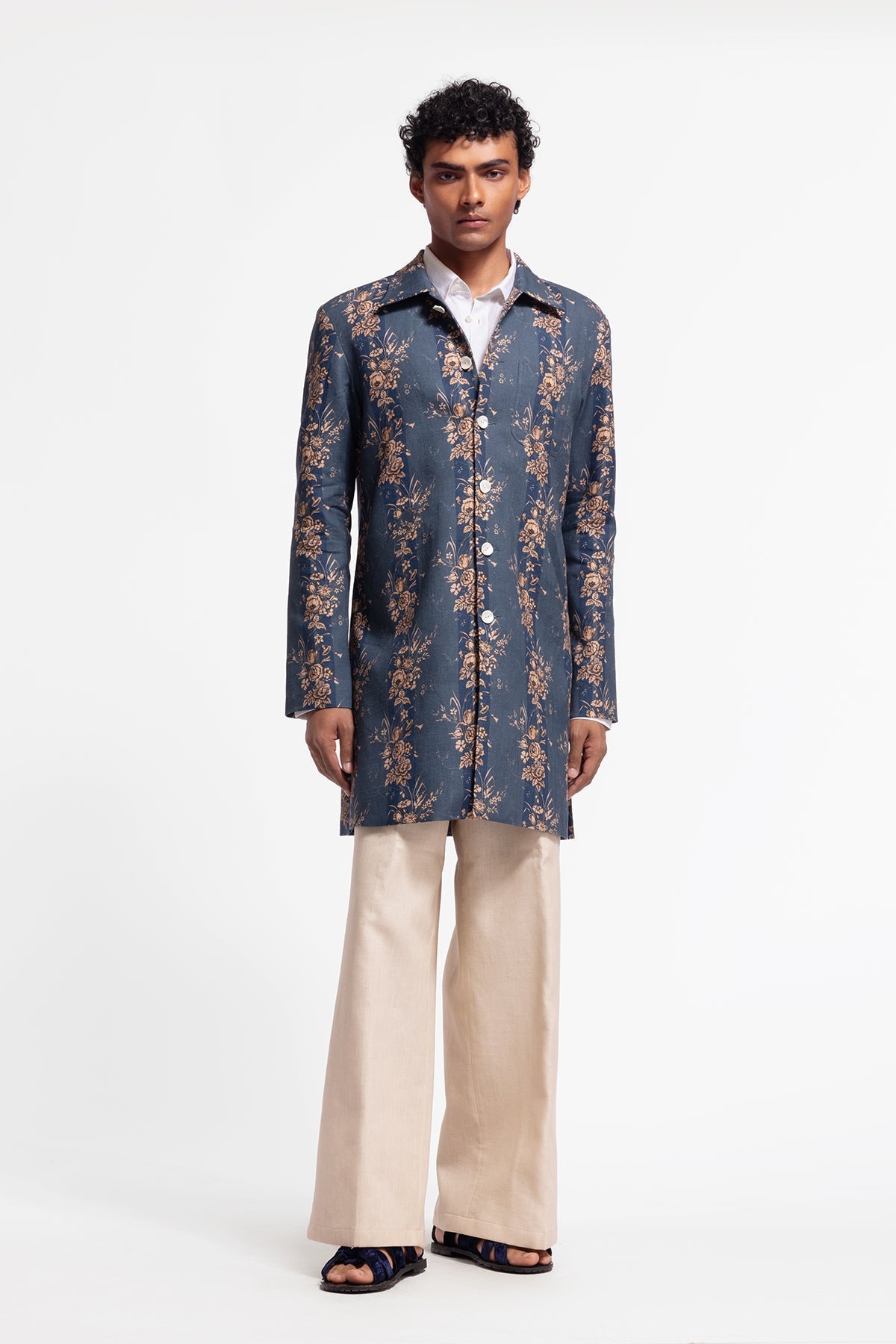 Men's Blue Floral Printed Long Jacket with Pocket