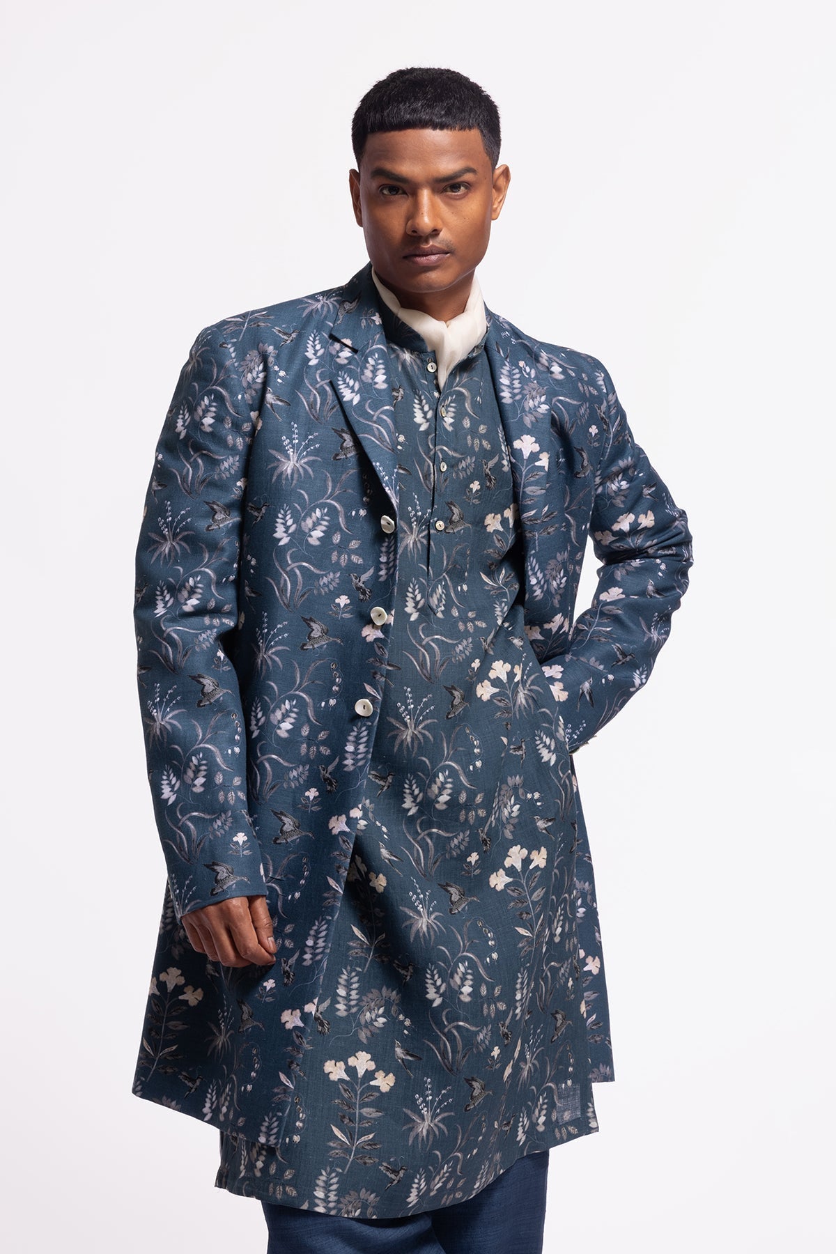 Men's Blue Floral Printed Long Jacket with Pocket