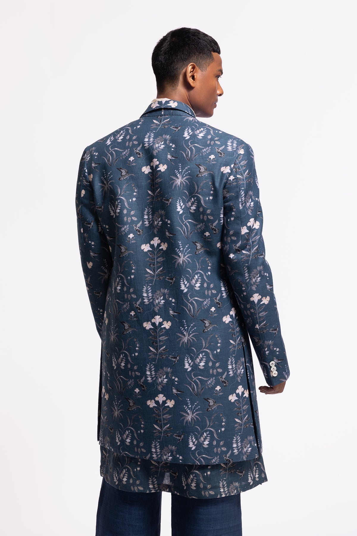 Men's Blue Floral Printed Long Jacket with Pocket