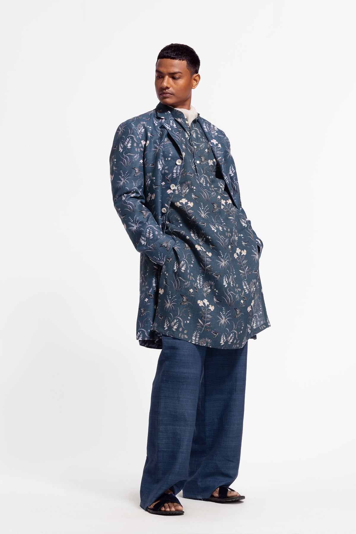 Men's Blue Floral Printed Long Jacket with Pocket