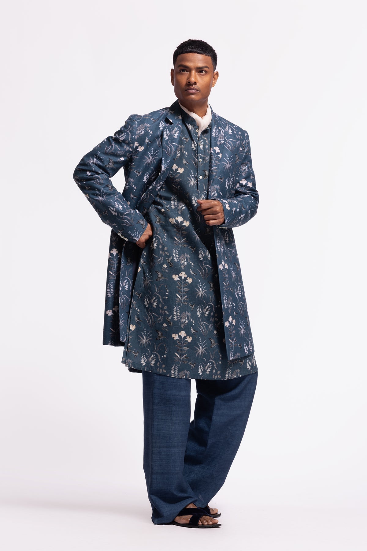 Men's Blue Floral Printed Long Jacket with Pocket