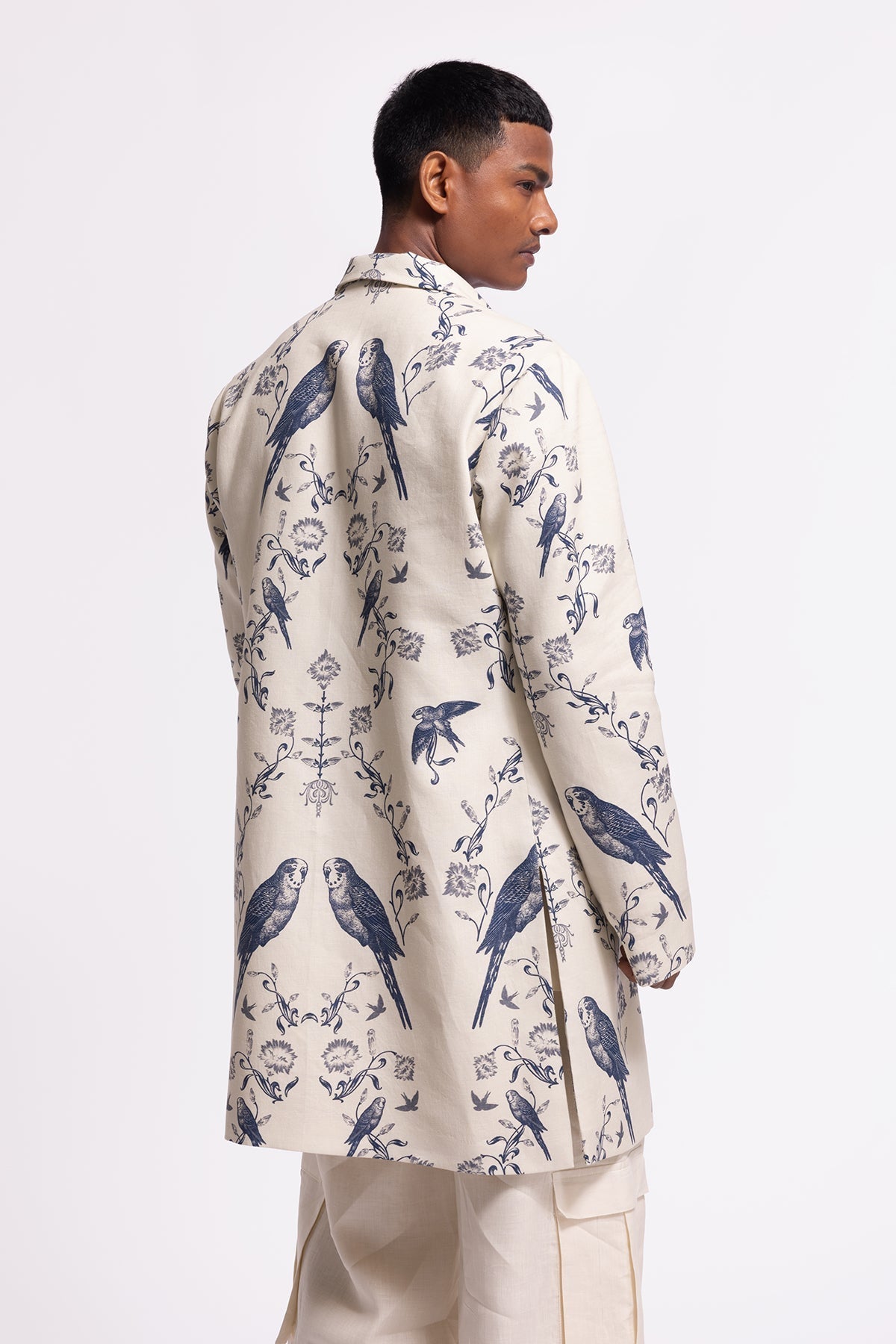 Men's Ivory Bird-Printed Long Jacket with Pockets