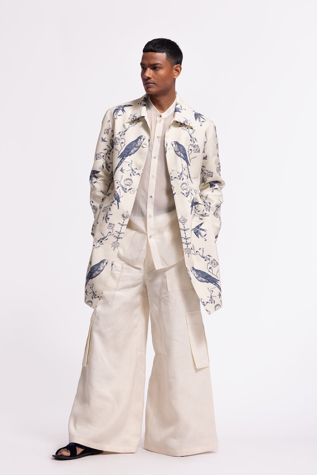 Men's Ivory Bird-Printed Long Jacket with Pockets