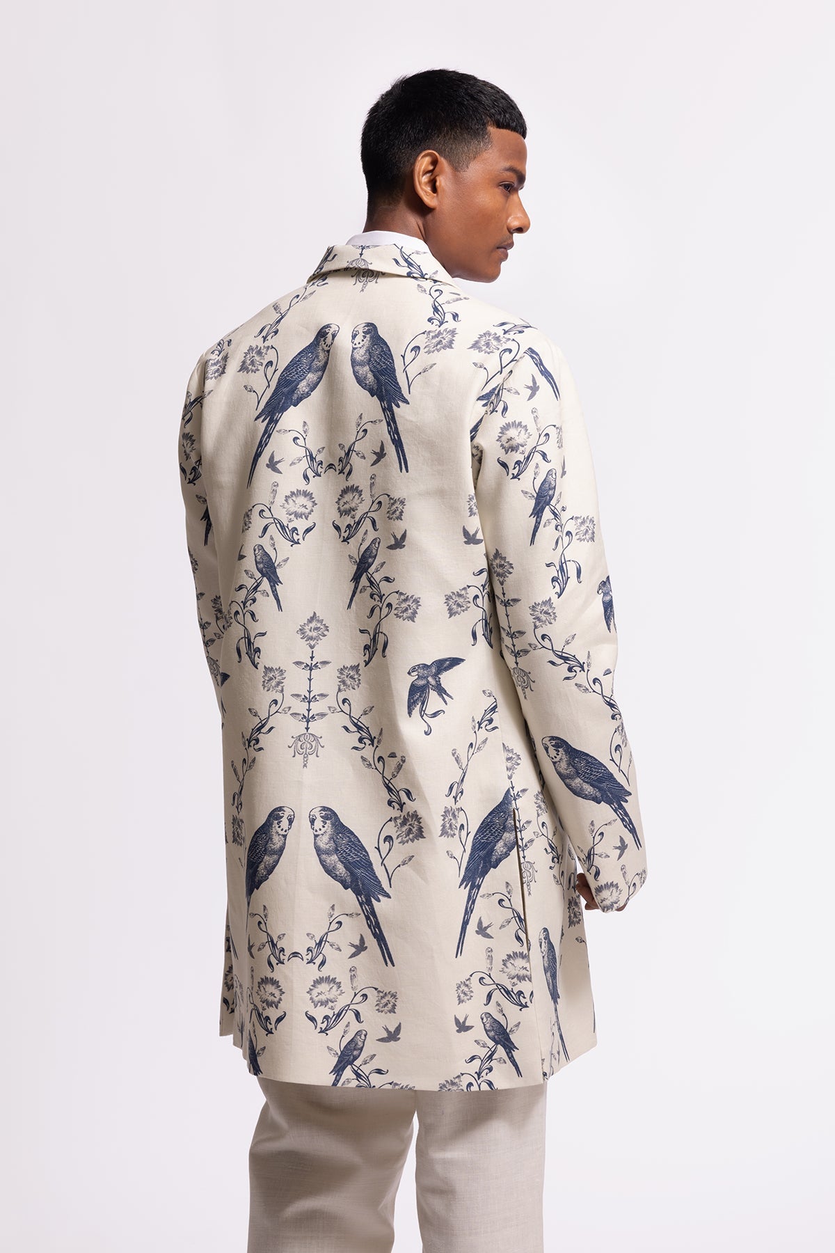 Men's Ivory Bird-Printed Long Jacket with Pockets