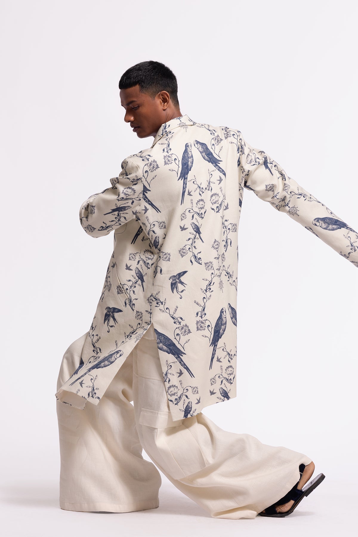 Men's Ivory Bird-Printed Long Jacket with Pockets
