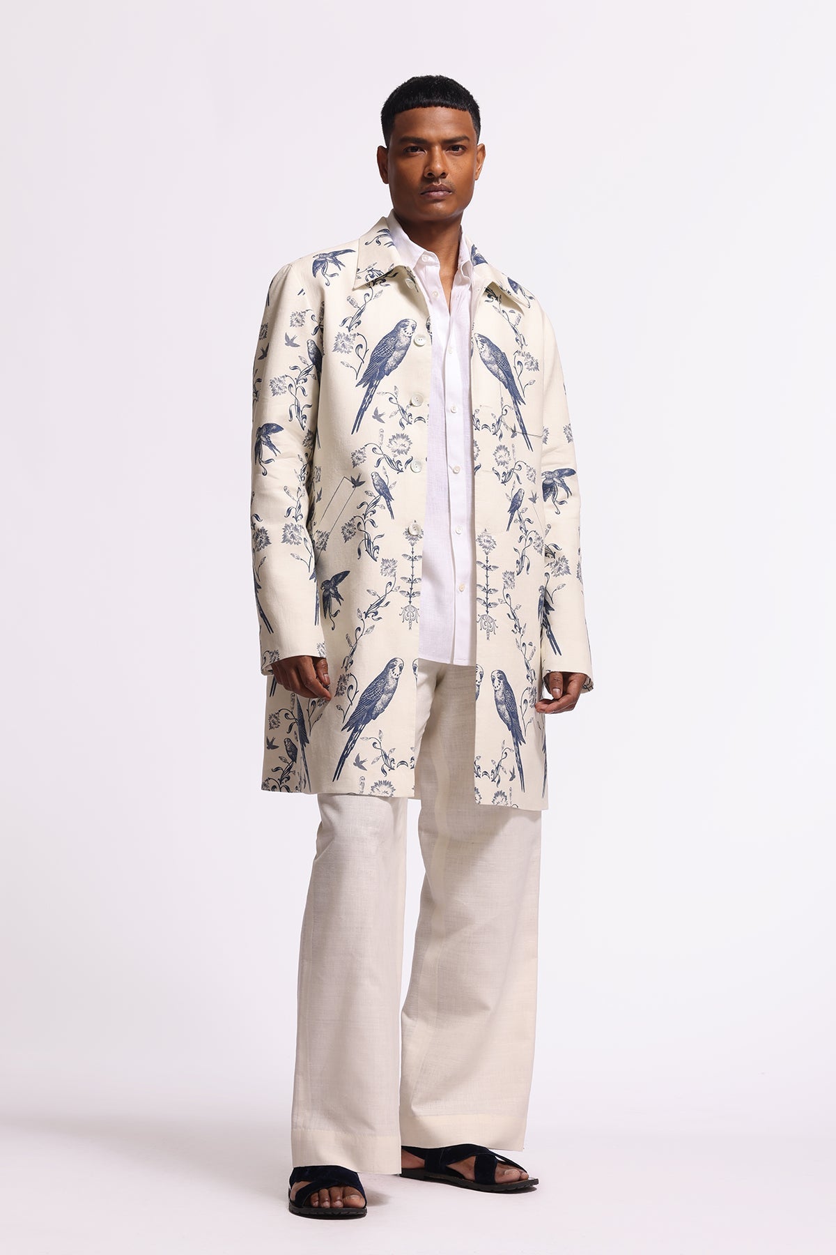 Men's Ivory Bird-Printed Long Jacket with Pockets