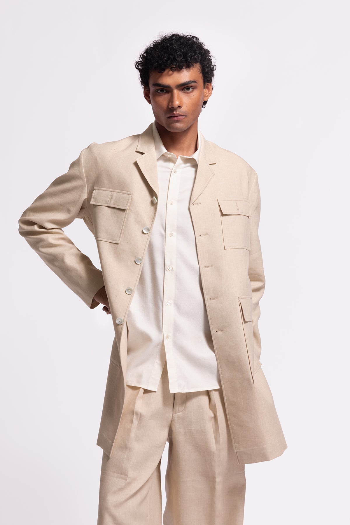 Men's Plain Ivory Long Jacket with Pocket