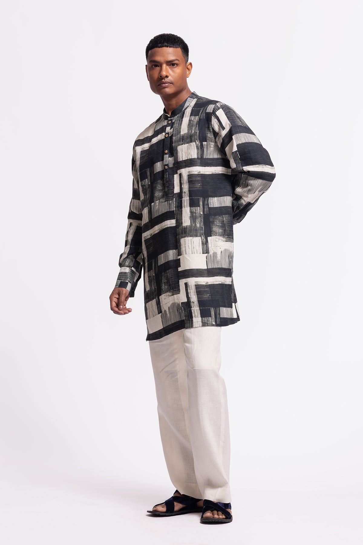 Men's Printed Linen Short Kurta