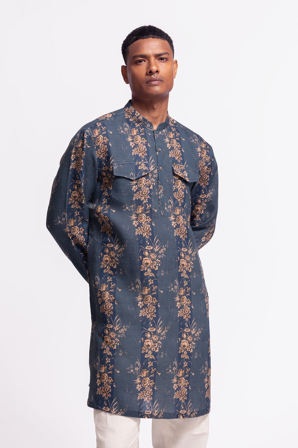 Men's Floral Printed Linen Short Kurta with Pockets