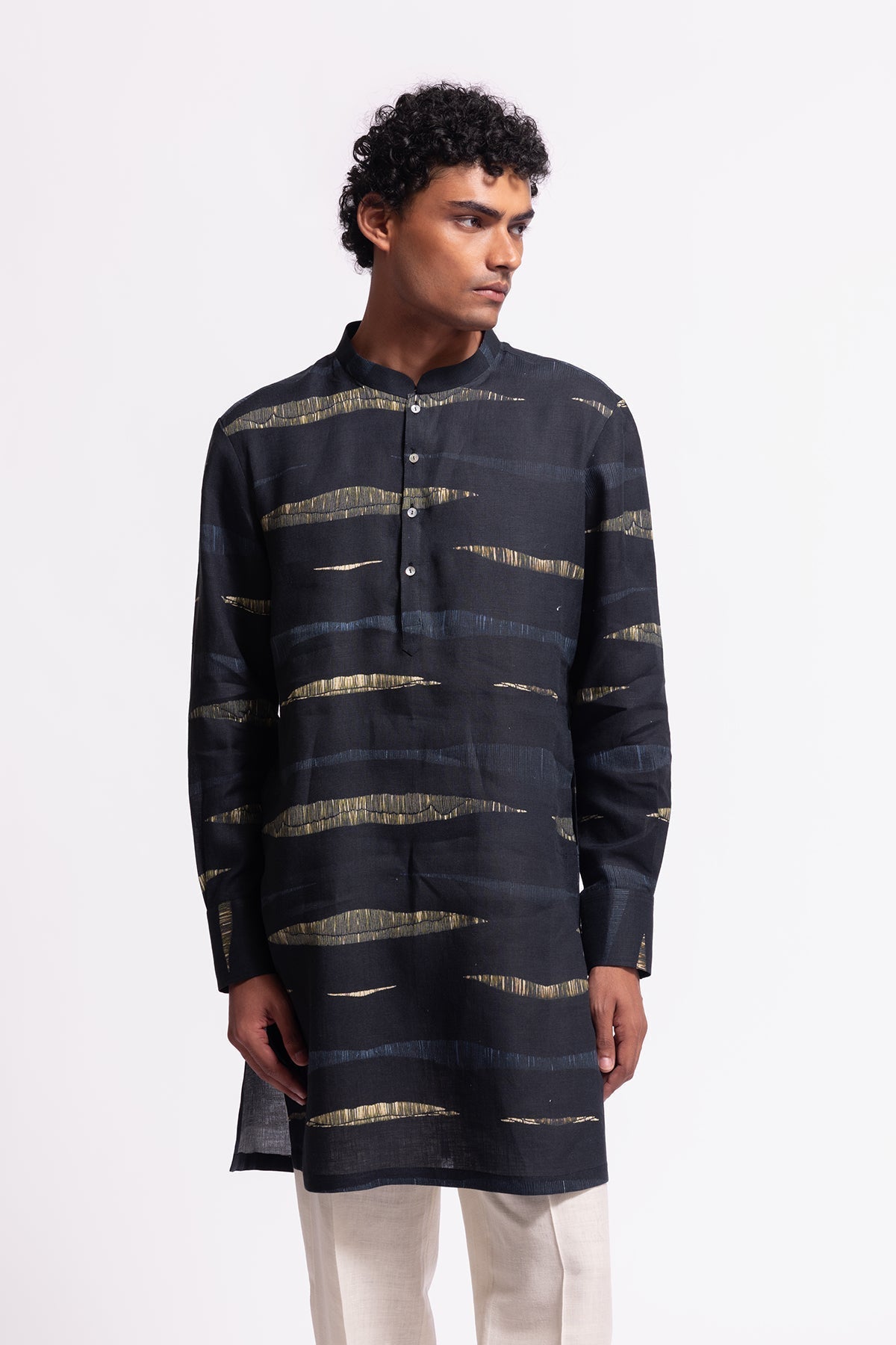 Men's Printed Linen Short Kurta