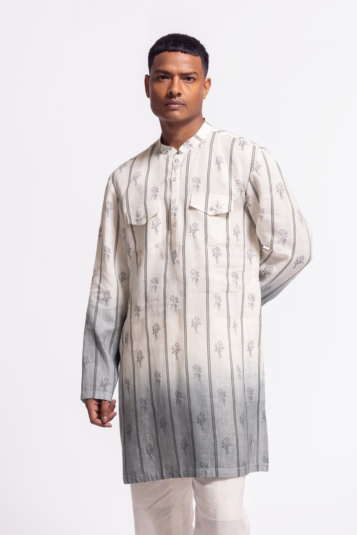 Men's Floral Printed Linen Short Kurta with Pockets