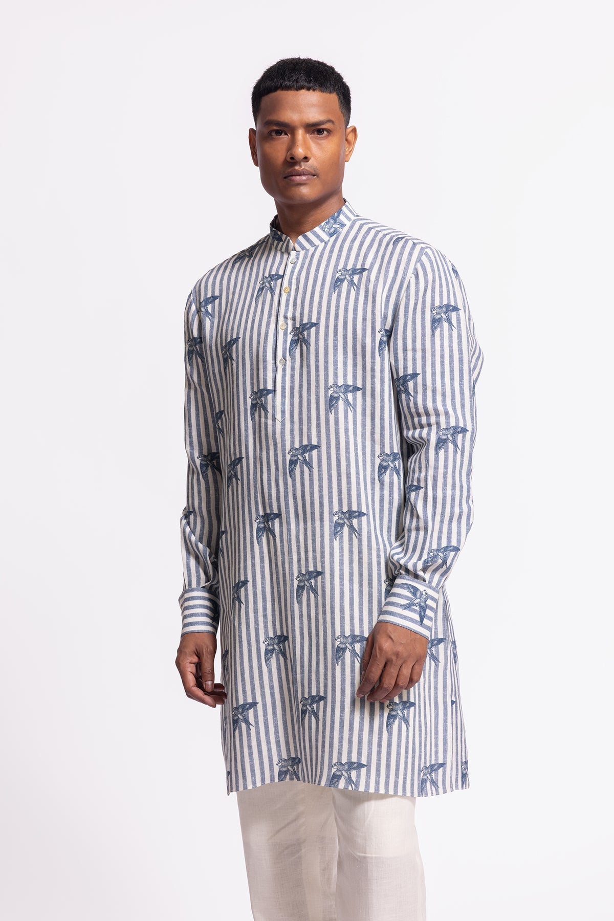 Men's Bird Print Short Kurta with Pockets