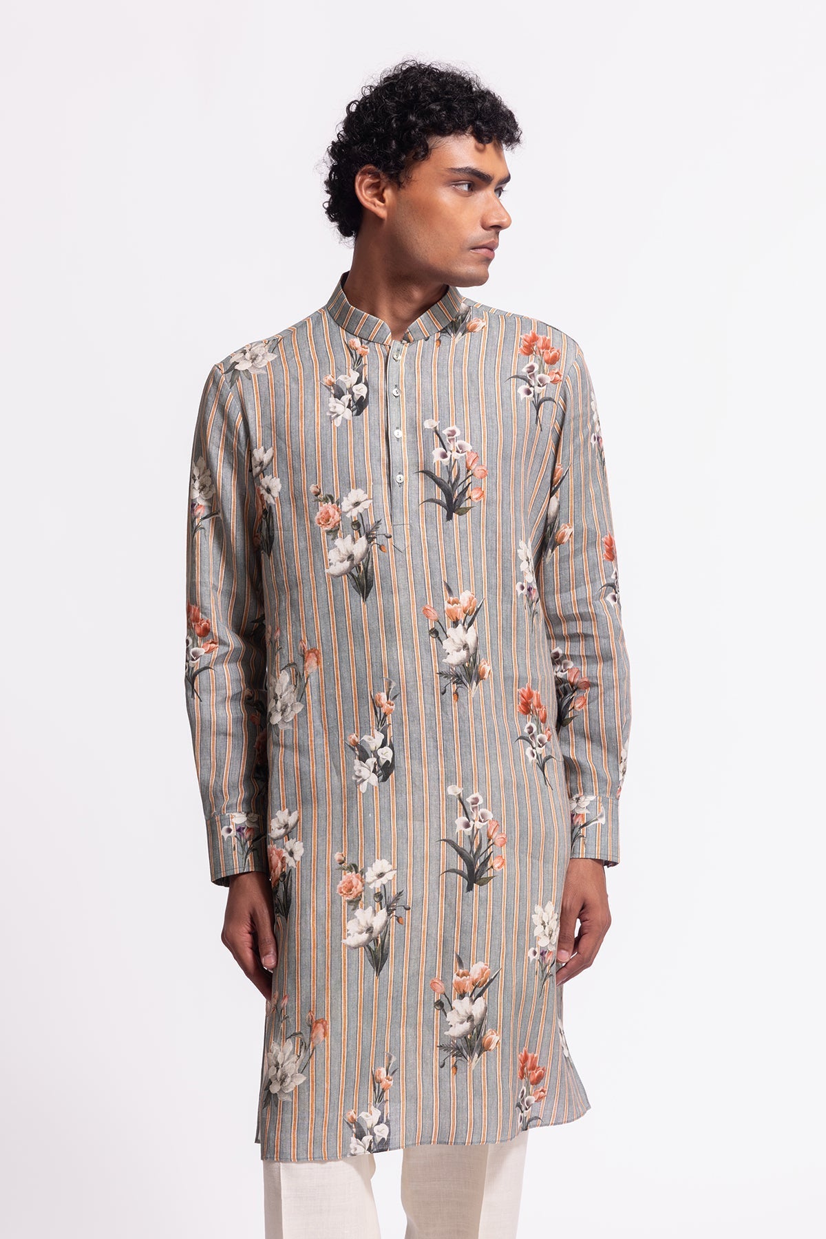 Men's Floral Printed Linen Short Kurta with Pockets