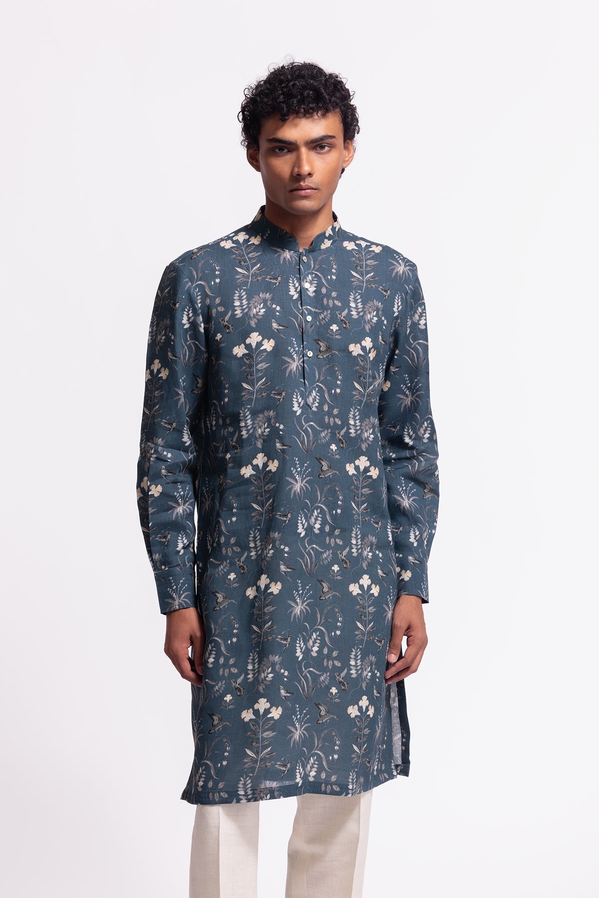 Men's Floral Printed Linen Short Kurta with Pockets