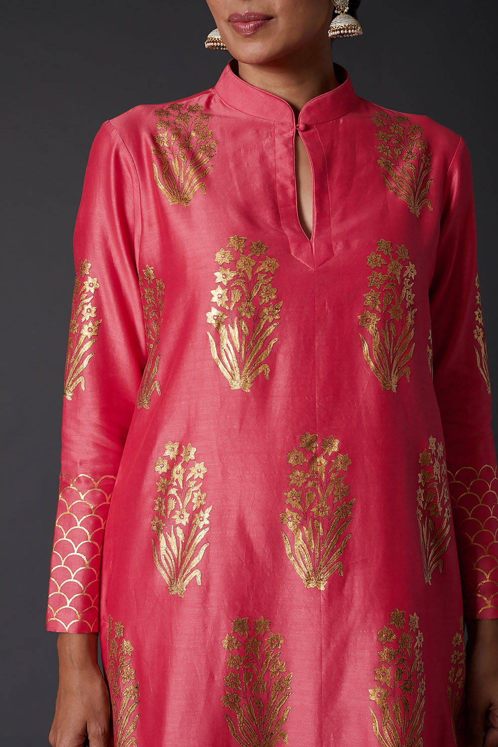 Coral Pink Block Printed Kurta Set - Auraya Fashion -  - #tag1# - #tag2# - #tag3# - #tag3#