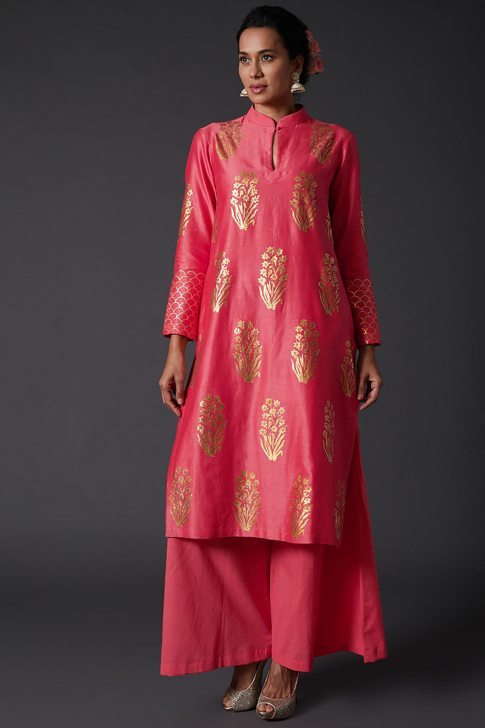 Coral Pink Block Printed Kurta Set - Auraya Fashion - Rohit Bal - #tag1# - #tag2# - #tag3# - #tag3#