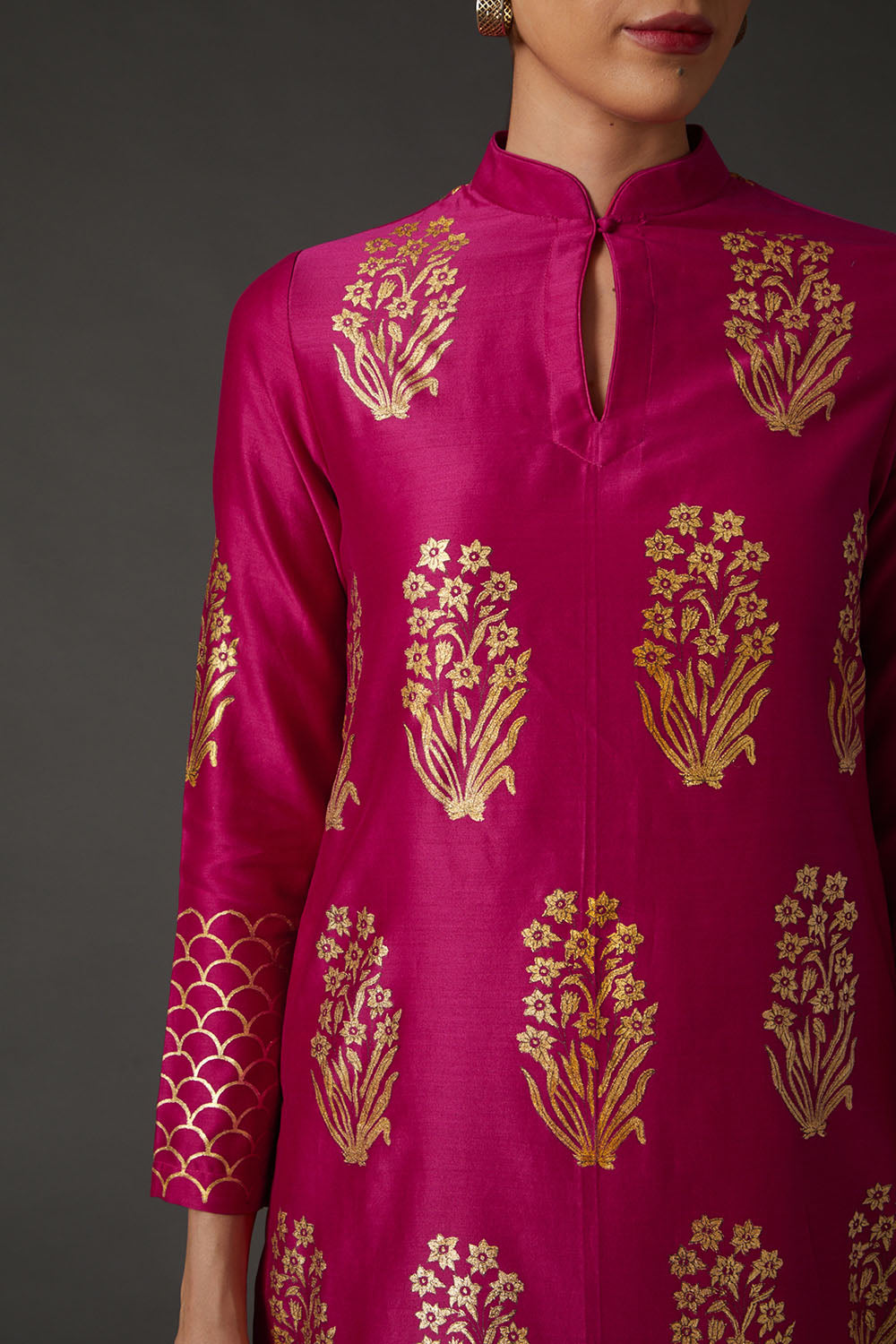 Fuchsia & Gold Block Printed Kurta Set - Auraya Fashion -  - #tag1# - #tag2# - #tag3# - #tag3#