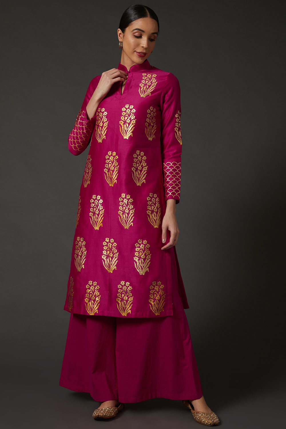 Fuchsia & Gold Block Printed Kurta Set - Auraya Fashion - Rohit Bal - #tag1# - #tag2# - #tag3# - #tag3#