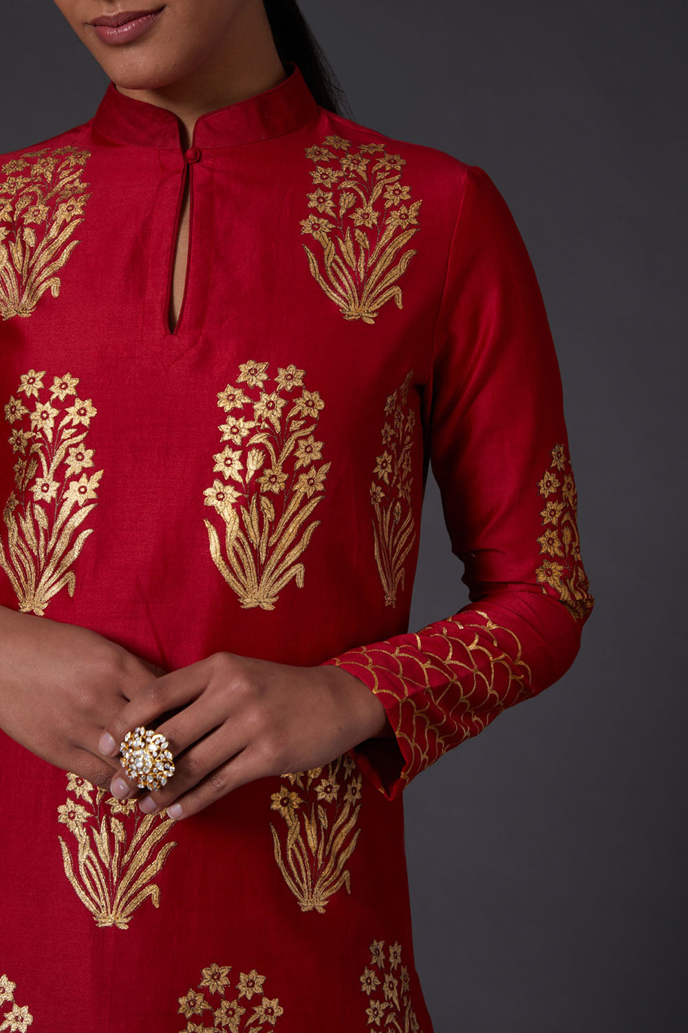 Red & Gold Block Printed Kurta With Palazzo Pants - Auraya Fashion -  - #tag1# - #tag2# - #tag3# - #tag3#