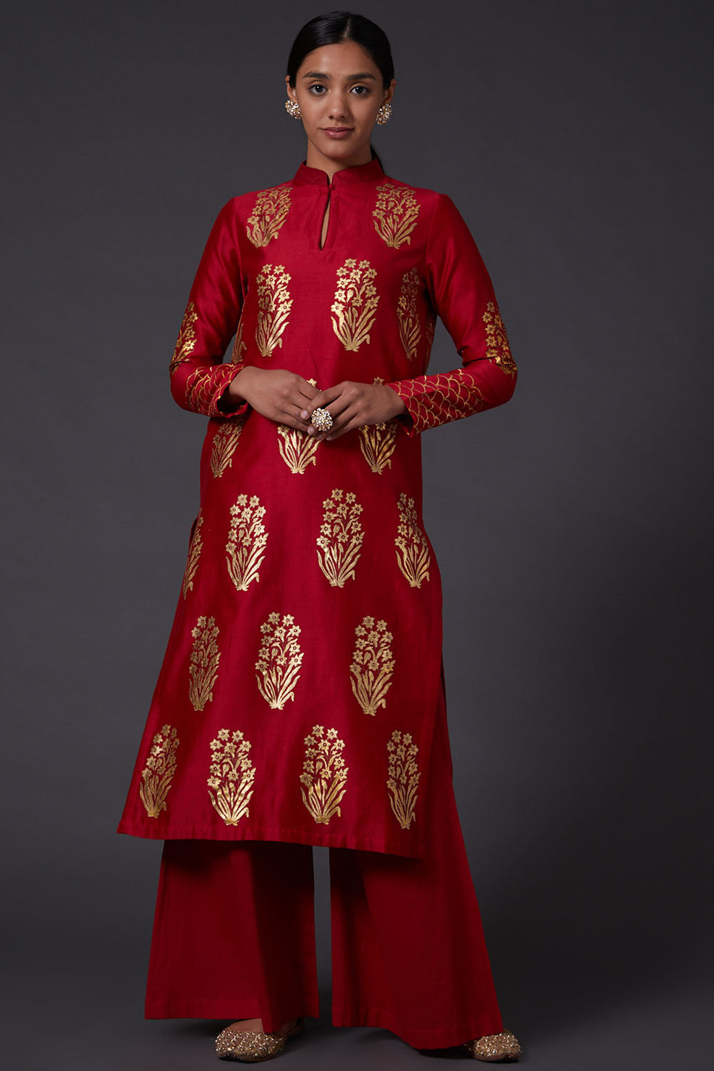 Red & Gold Block Printed Kurta With Palazzo Pants - Auraya Fashion - Rohit Bal - #tag1# - #tag2# - #tag3# - #tag3#