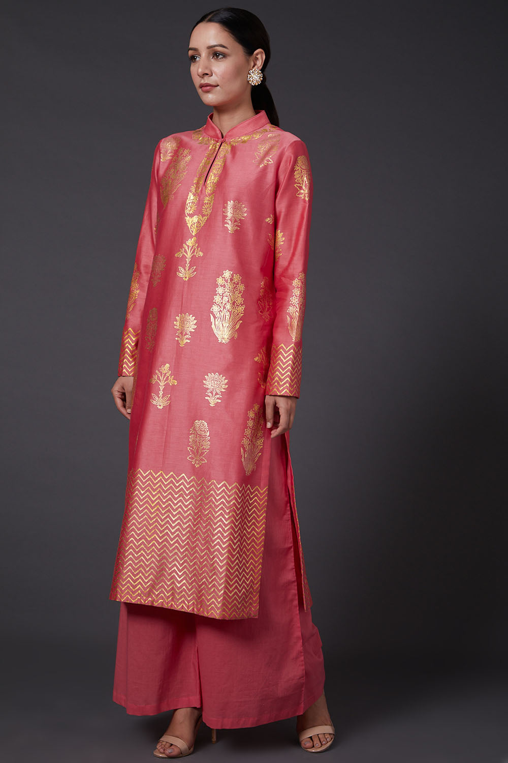 Coral Pink Block Printed Kurta Set - Auraya Fashion - Rohit Bal - #tag1# - #tag2# - #tag3# - #tag3#