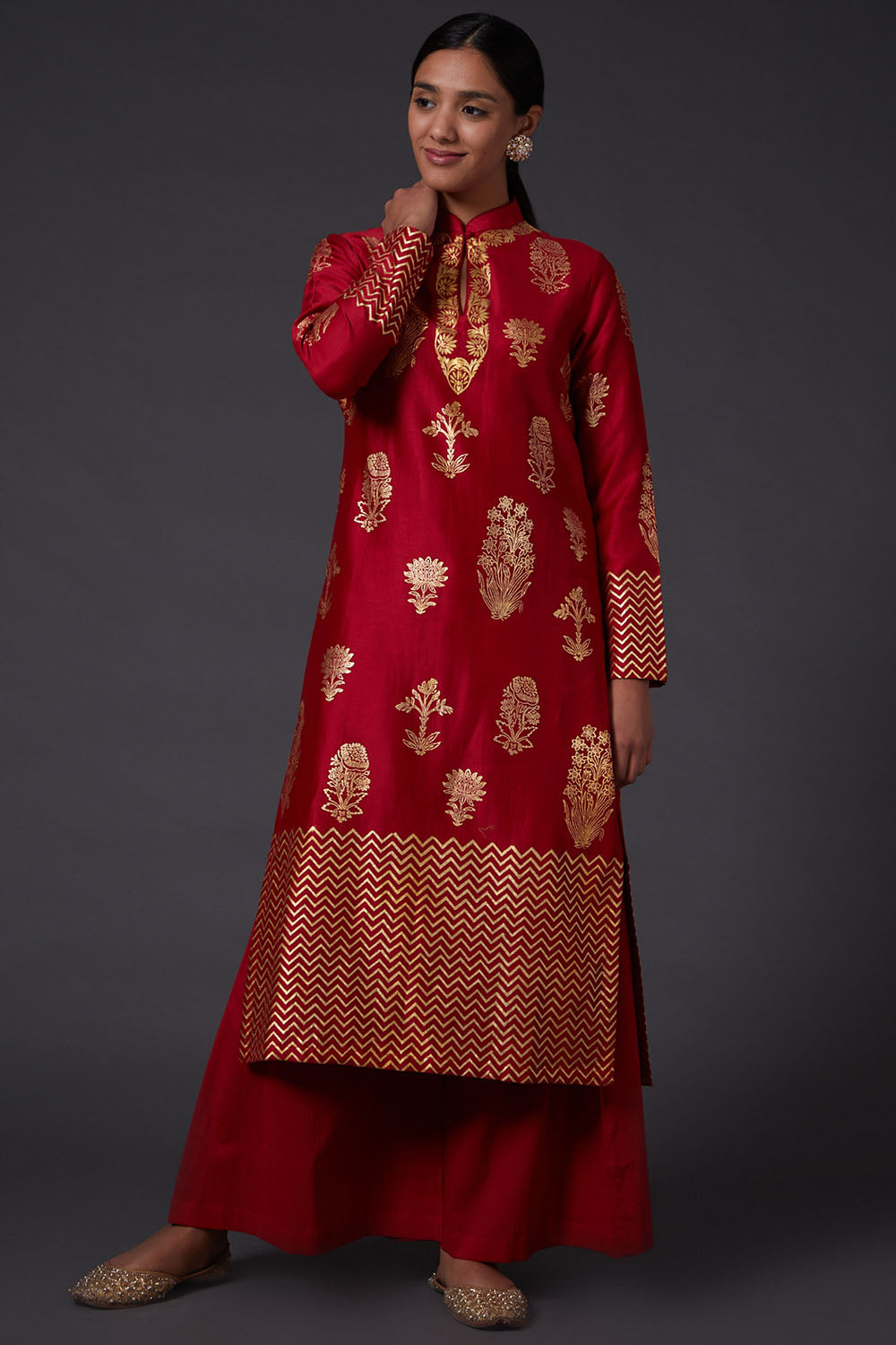 Red Block Printed Kurta Set - Auraya Fashion - Rohit Bal - #tag1# - #tag2# - #tag3# - #tag3#