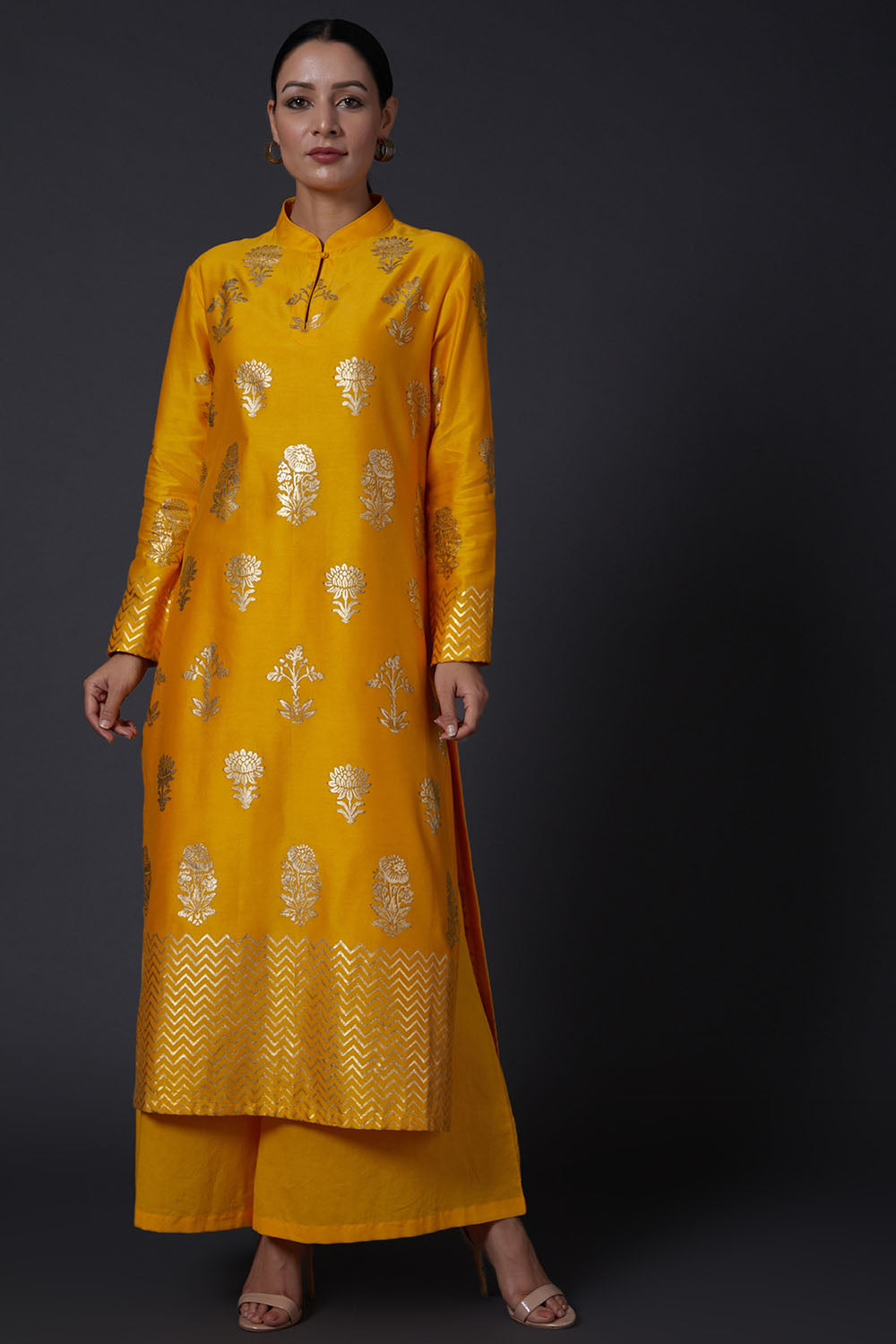 Yellow Block Printed Kurta With Pants