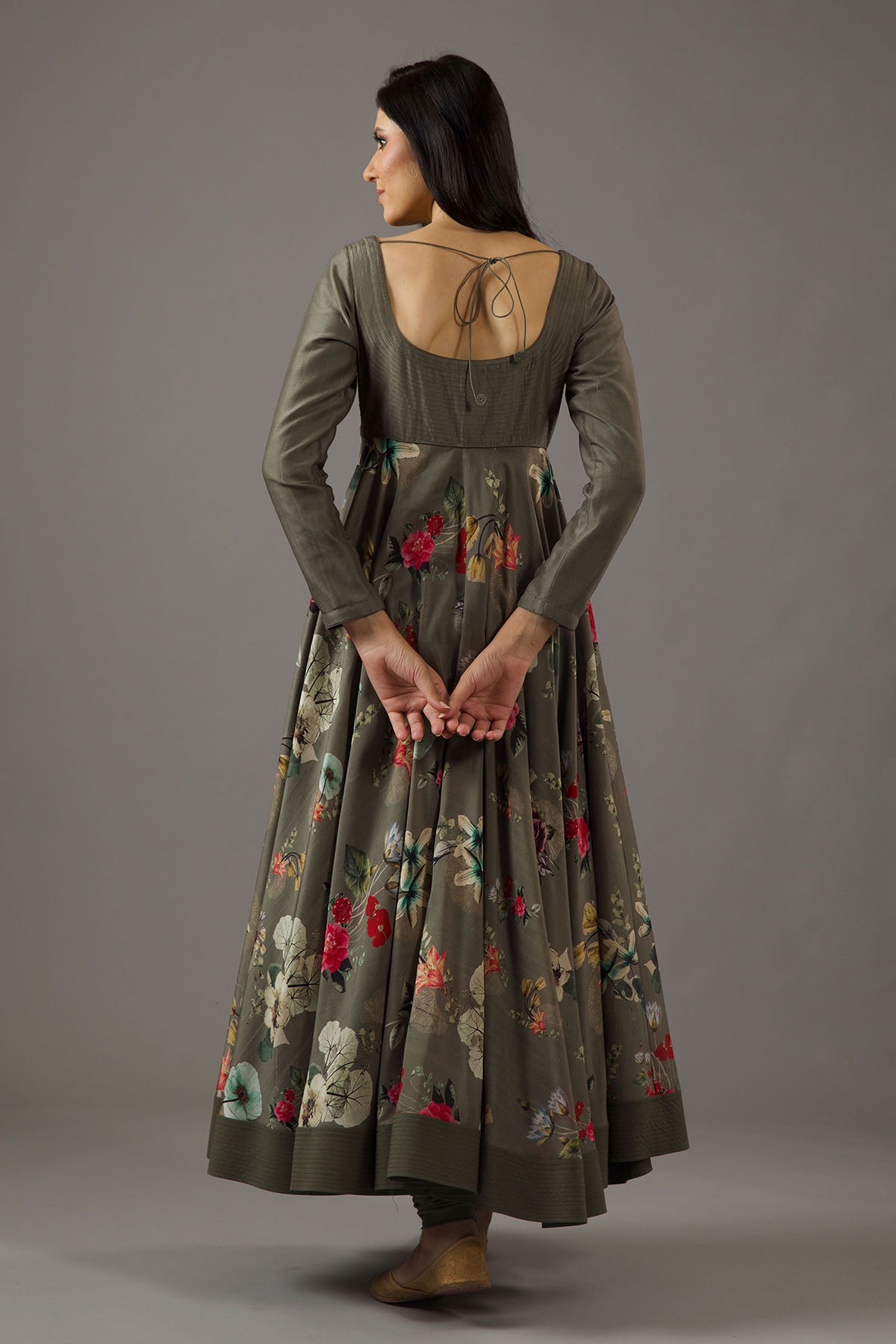 Chanderi Silk Pewter Printed Anarkali Set