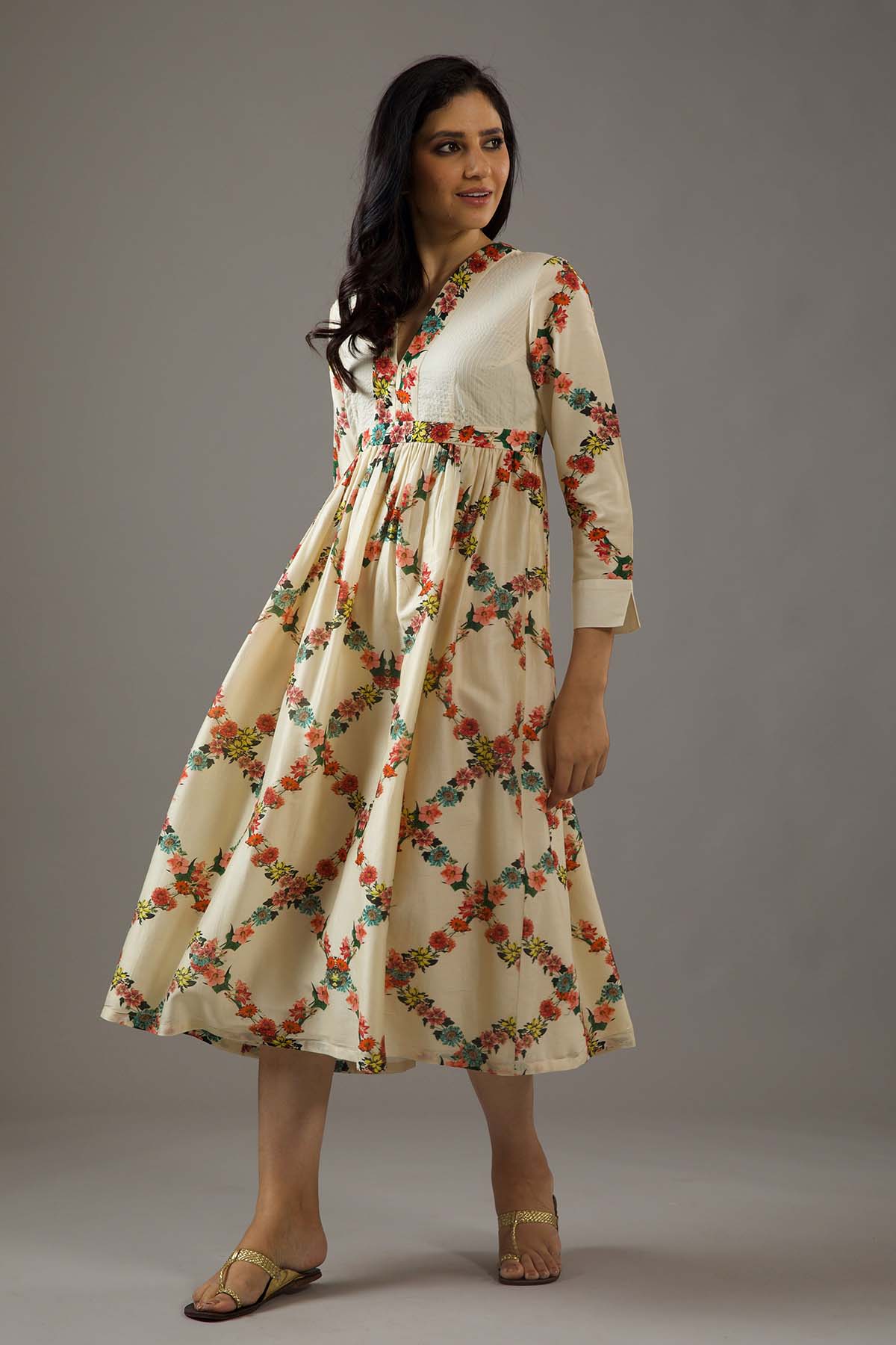 Chanderi Silk Dress With Overall Print