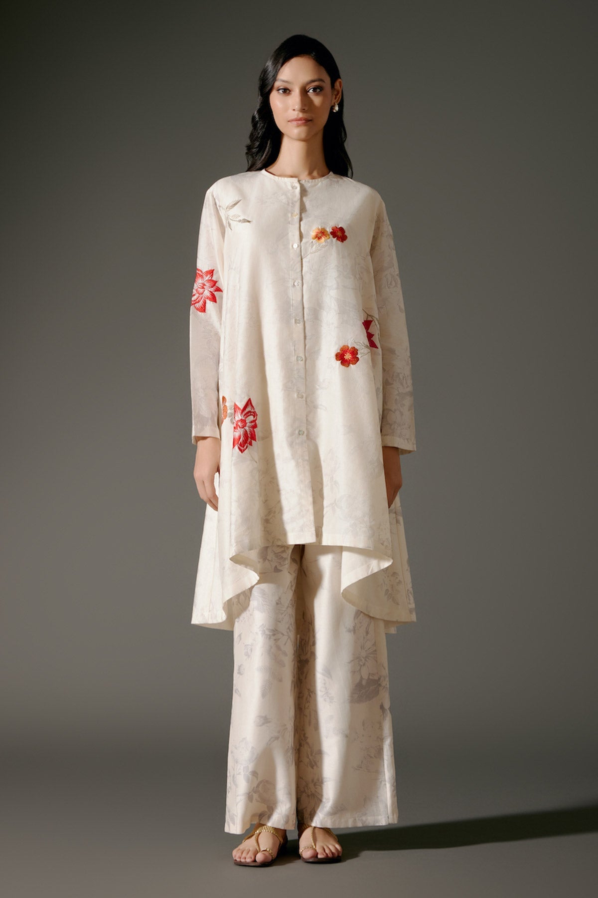 Women Flared Chanderi Silk Tunic Set with Resham Embroidery