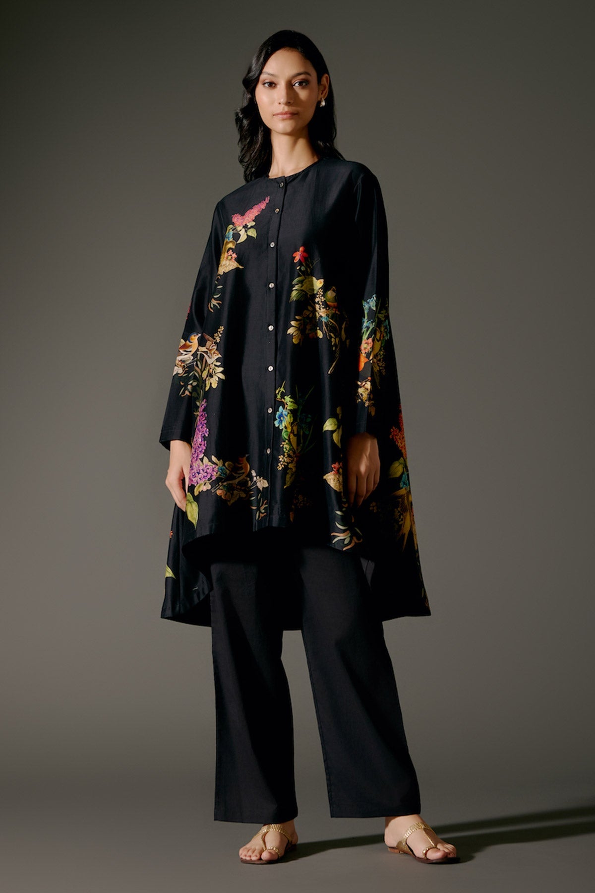 Women Flared Chanderi Silk Tunic Set with Resham Embroidery