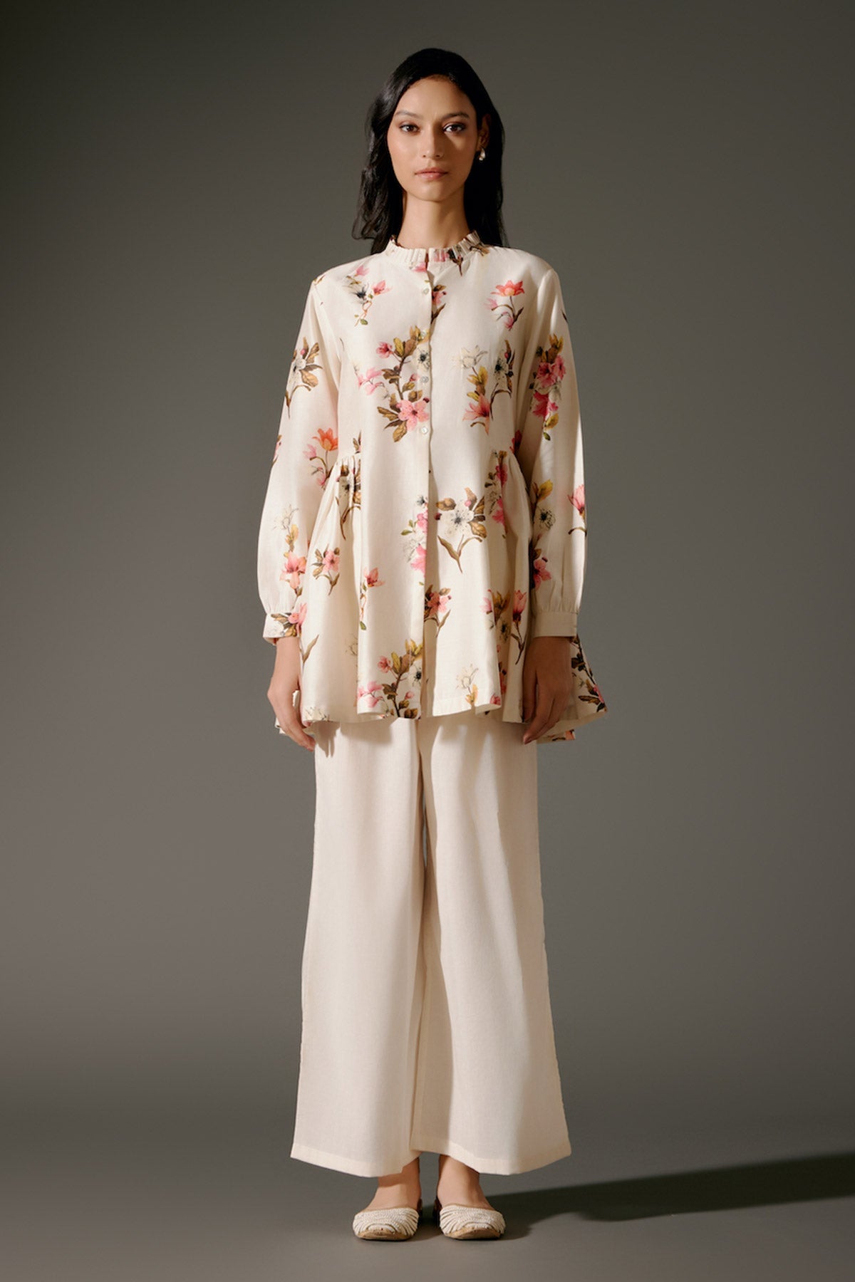 Women Printed Chanderi Silk Tunic Set Floral Abstract Design