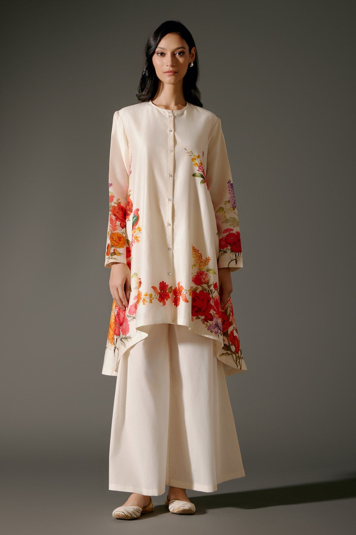 Women Flared Chanderi Silk Tunic Set with Resham Embroidery