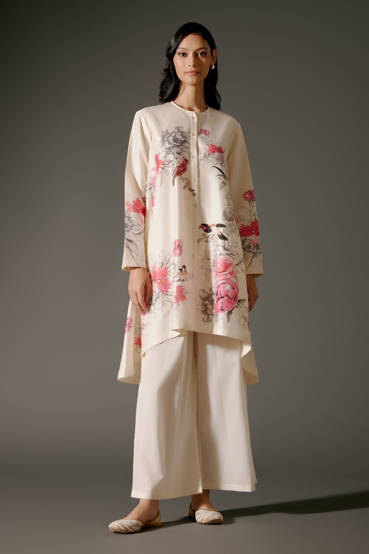 Women Flared Chanderi Silk Tunic Set with Resham Embroidery