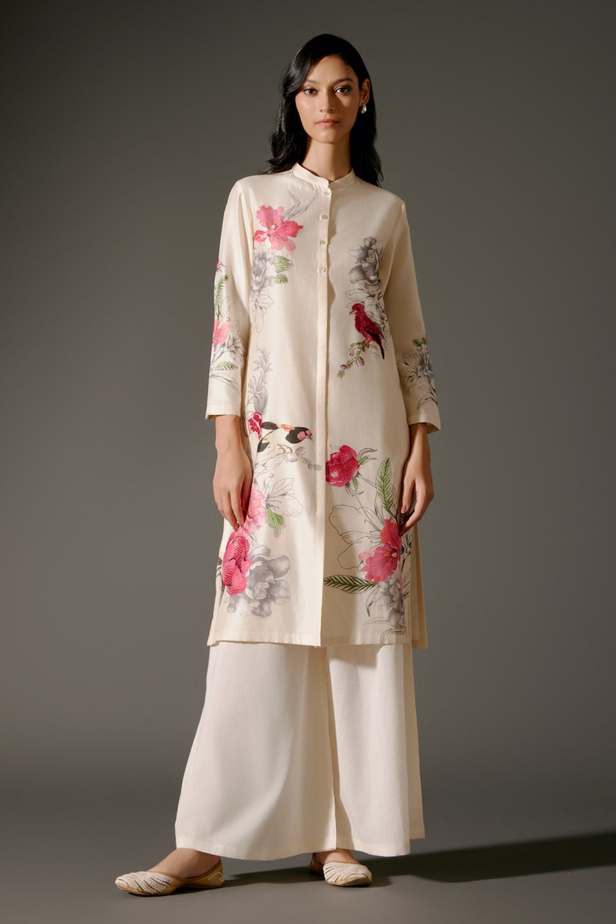 Women Chanderi Tunic Set With Resham Embroidery And Voile Pant